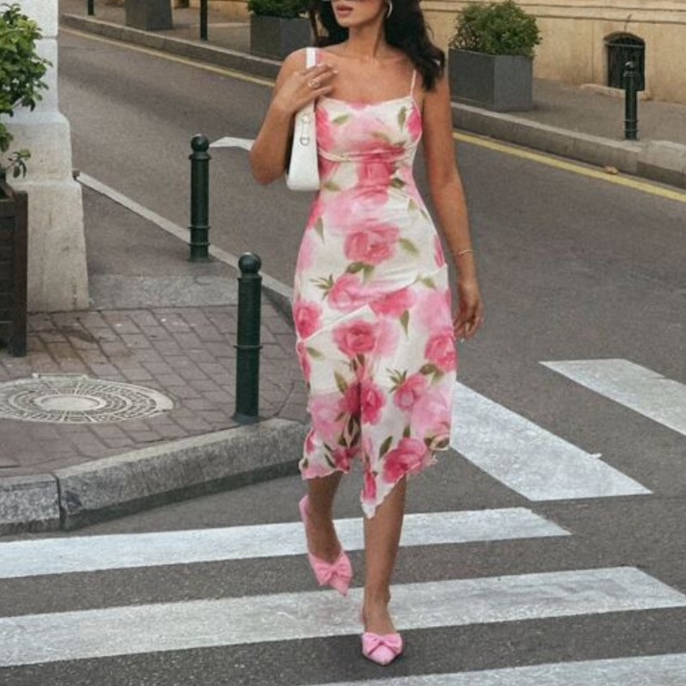 Romantic Floral Print Ruched Bust Asymmetric Hem Elastic Mesh Women Cami…